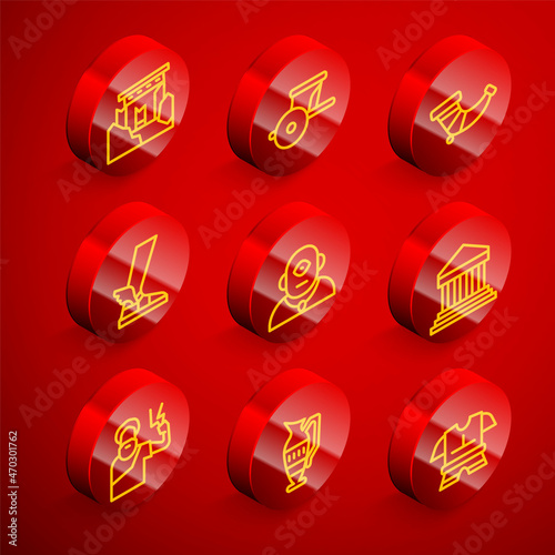 Set line Ancient ruins, chariot, Hunting horn, Hermes sandal, Cyclops, Parthenon, Zeus and amphorae icon. Vector