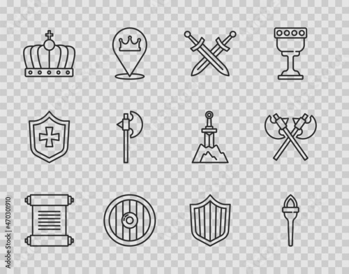 Set line Decree, parchment, scroll, Torch flame, Crossed medieval sword, Round wooden shield, King crown, Medieval axe, Shield and axes icon. Vector