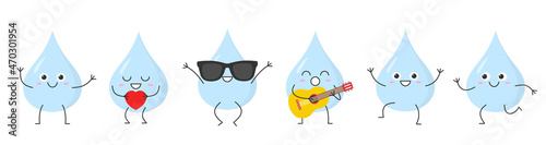 Set water drop greeting jumping loves sings running cute funny character cartoon smile face happy joy emotions icon vector illustration.