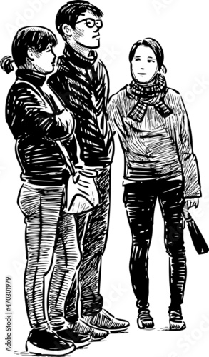 Sketch of students friends standing outdoors together