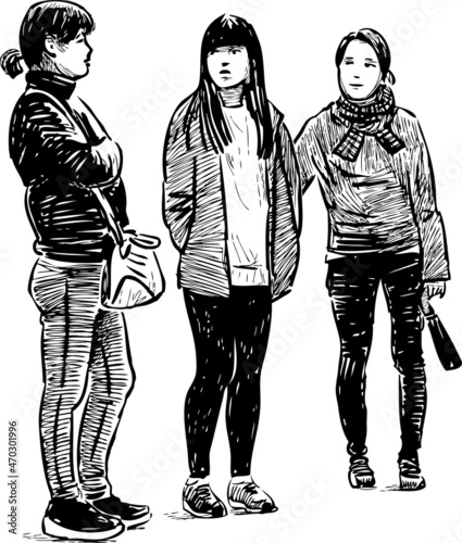 Sketch of three modern students girls standing outdoors and talking