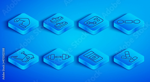 Set line Bodybuilder muscle, Sport sneakers, Fitness club, gym card, Dumbbell, Anabolic drugs, Stationary bicycle and Vitamin pill icon. Vector