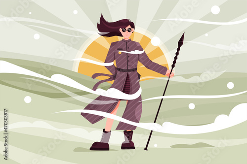 The Desert Wanderer vector cartoon character. Woman with a stick standing in the sandy wavy desert.