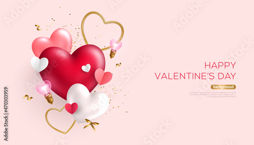 Happy Valentines Day banner with 3d red heart balloons, gold metal shapes and light bulbs on pink background. Gift card, love party, invitation voucher design, poster template, place for text