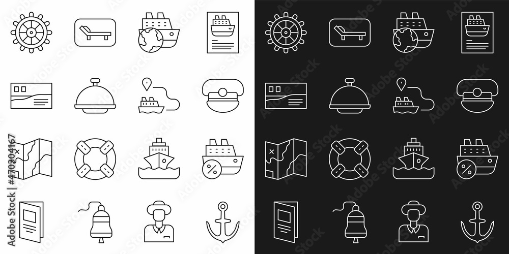 Set line Anchor, Cruise ship, Captain hat, Covered with tray, Postcard travel, Ship steering wheel and line path icon. Vector