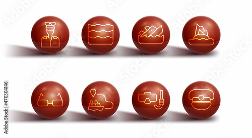 Set line Captain of ship, Glasses, Tropical island ocean, Diving mask snorkel, Ship line path, Wave, hat and Sinking cruise icon. Vector