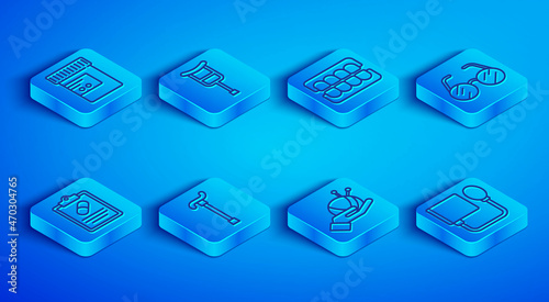 Set line Medicine bottle and pills, Crutch or crutches, False jaw, Walking stick cane, Yarn ball with knitting needles, Eyeglasses, Medical prescription and Blood pressure icon. Vector