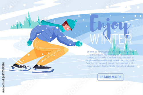 Enjoy winter vector flat card template. Man in warm clothes skating. Sportsman training to sport competition or tournament.