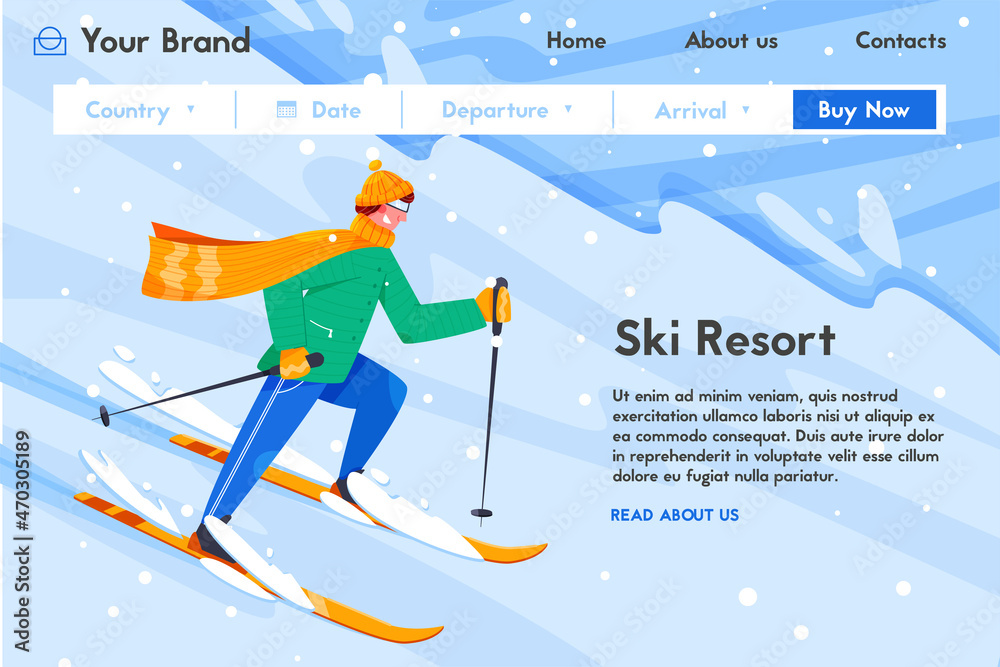 Sky resort vector flat banner template. Happy man in warm clothes skiing. Young sportsman riding downhill.