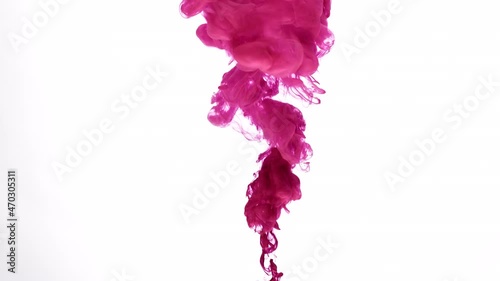 Fuchsia color paint burst flows up swirling and forming flower in clear water as decorative abstract background slow motion extreme closeup