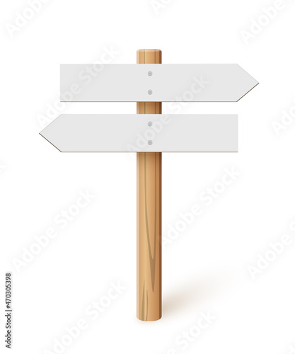 Signpost with blank direction signs on road. Wooden stick with white arrow boards vector illustration. Retro street post isolated on white background. Simple empty crossroad banners