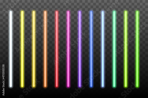Neon light sticks set on transparent background. Blue, white, yellow, orange, green, pink, red led lines glowing vector illustration. Electric color pack design for party or clubs