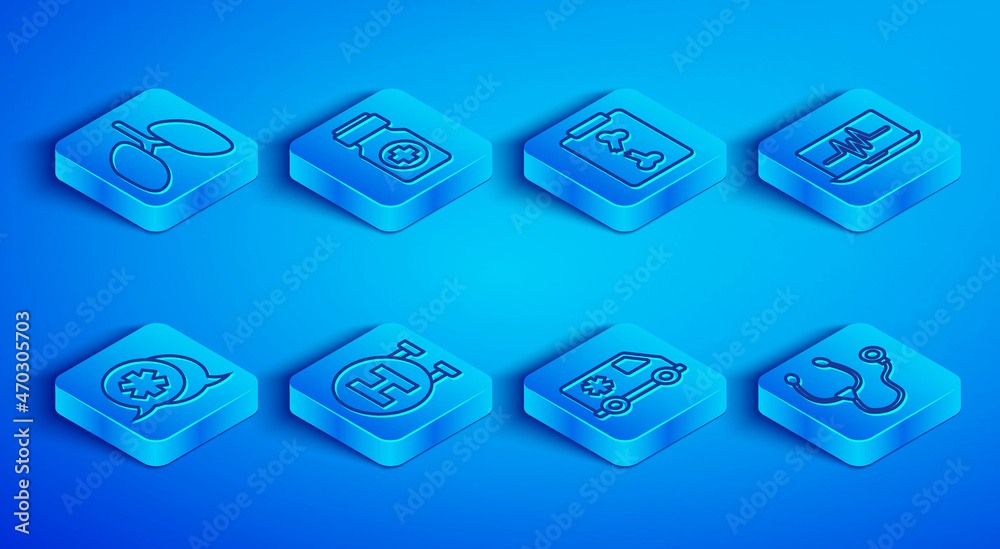 Set line Lungs, Medicine bottle and pills, X-ray shots, Hospital signboard, Emergency car, Laptop with cardiogram, Dialogue the doctor and Stethoscope icon. Vector Set line Lungs, Medicine bottle and pills, X-ray shots, Hospital signboard, Emergency car, Laptop with cardiogram, Dialogue the doctor and Stethoscope icon. Vector