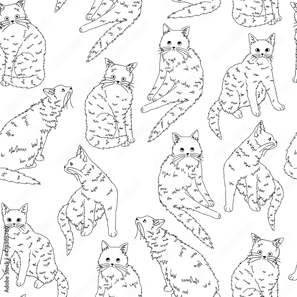 Cats pet animals, kittens seamless pattern. Hand drawn vector illustration. Black contour ornament. Design for decor, wallpaper, background, textile. Cats pet animals, kittens seamless pattern. Hand drawn vector illustration. Black contour ornament. Design for decor, wallpaper, background, textile.