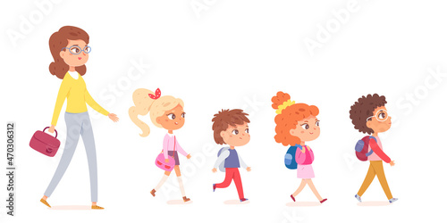 Teacher and children walk in line together outdoor, safe school or kindergarten walk