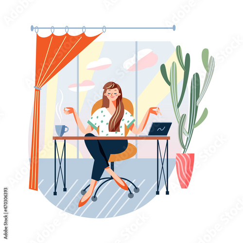 Calm meditation of woman in office, girl sitting at desk with laptop and meditating