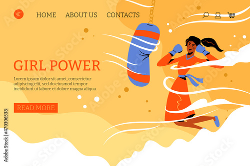 Girl power landing page design. Young woman training box vector cartoon illustration.