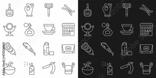Set line Towel on a hanger, Blade razor, Calendar with haircut day, Shaving, Aftershave, Round makeup mirror, Dustpan and Coffee cup icon. Vector