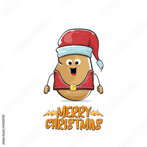 vector rock star Santa Claus potato funny cartoon cute character with red Santa hat and calligraphic merry Christmas text isolated on white background. Rock n roll funky Christmas party banner