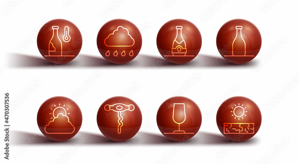 Set line Wine temperature, Sun and cloud weather, Bottle of wine, glass, corkscrew, Cloud with rain, Drought and Champagne bottle icon. Vector Set line Wine temperature, Sun and cloud weather, Bottle of wine, glass, corkscrew, Cloud with rain, Drought and Champagne bottle icon. Vector