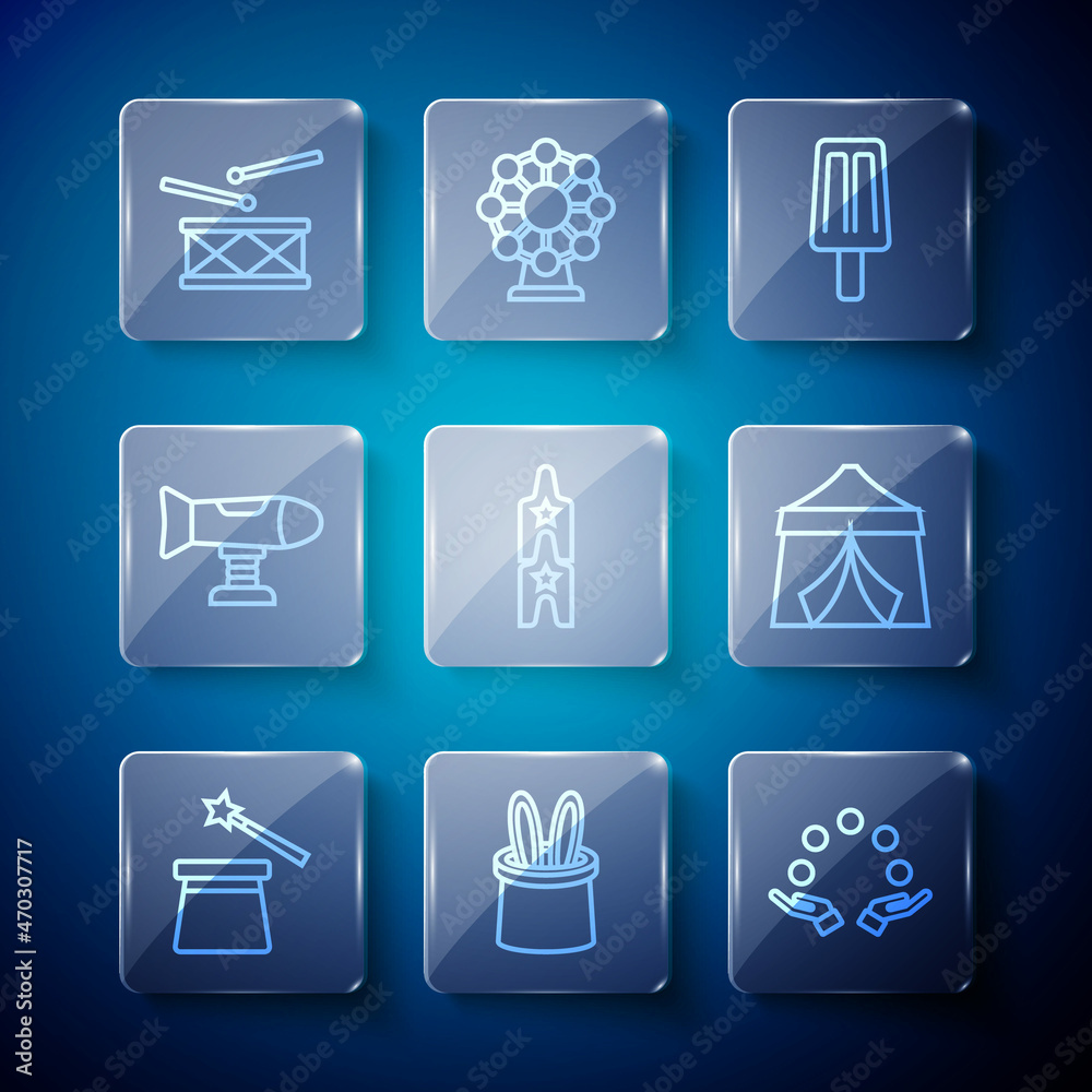 Set line Magic hat and wand, Magician rabbit ears, Juggling ball, Ice cream, Circus ticket, Swing plane, Drum with drum sticks and tent icon. Vector Set line Magic hat and wand, Magician rabbit ears, Juggling ball, Ice cream, Circus ticket, Swing plane, Drum with drum sticks and tent icon. Vector