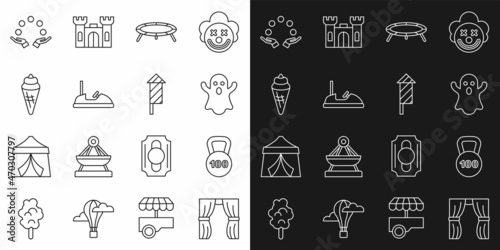 Set line Circus curtain raises  Weight  Ghost  Jumping trampoline  Bumper car  Ice cream waffle cone  Juggling ball and Firework rocket icon. Vector