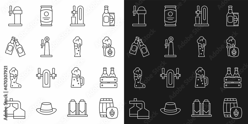 Set line Wooden barrel, Pack of beer bottles, Glass, Beer tap with glass, Dispenser and icon. Vector