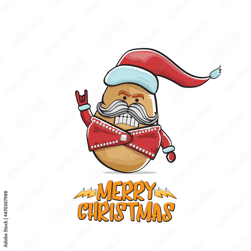 vector rock star Santa Claus potato funny cartoon cute character with red Santa hat and calligraphic merry Christmas text isolated on white background. Rock n roll funky Christmas party banner vector rock star Santa Claus potato funny cartoon cute character with red Santa hat and calligraphic merry Christmas text isolated on white background. Rock n roll funky Christmas party banner