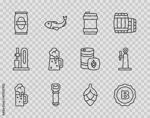 Set line Wooden beer mug, Bottle cap with, Metal keg, opener, Beer can, Hop and tap icon. Vector