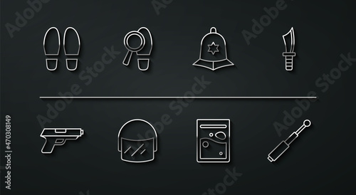 Set line Footsteps, Pistol or gun, Military knife, Plastic bag of drug, Police helmet, Telescopic baton and British police icon. Vector