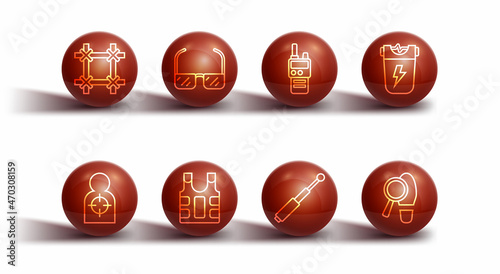 Set line Prison window, Human target sport for shooting, Police electric shocker, Telescopic baton, Bulletproof vest, Safety goggle glasses, Footsteps and Walkie talkie icon. Vector