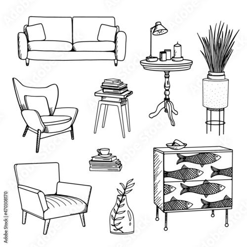 Doodle furniture. Vector set of the living room furniture. Hand-drawn style