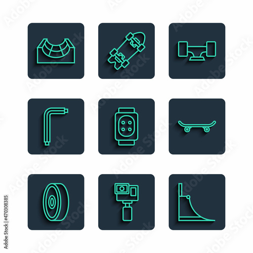 Set line Skateboard ball bearing, Action camera, park, wheel, Knee pads, Tool allen keys, and icon. Vector