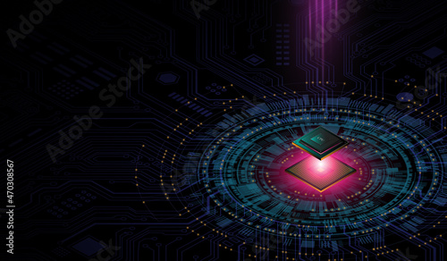  CPU Chip on Motherboard. Central Computer Processors CPU concept. Quantum computer, large data processing, database concept. Futuristic microchip processor. Digital chip.