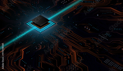  CPU Chip on Motherboard. Central Computer Processors CPU concept. Quantum computer, large data processing, database concept. Futuristic microchip processor. Digital chip.