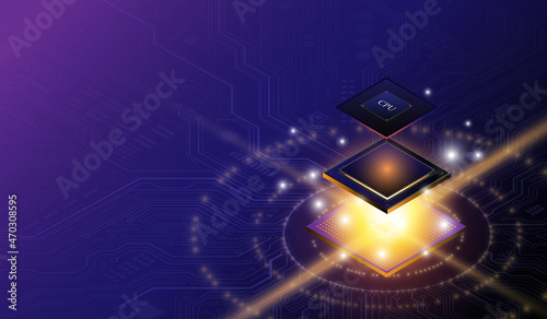  CPU Chip on Motherboard. Central Computer Processors CPU concept. Quantum computer, large data processing, database concept. Futuristic microchip processor. Digital chip.