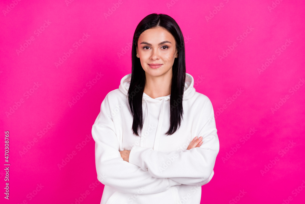 Photo of self-assured lady folded hands look camera wear white sweatshirt hoodie isolated pink color background Photo of self-assured lady folded hands look camera wear white sweatshirt hoodie isolated pink color background