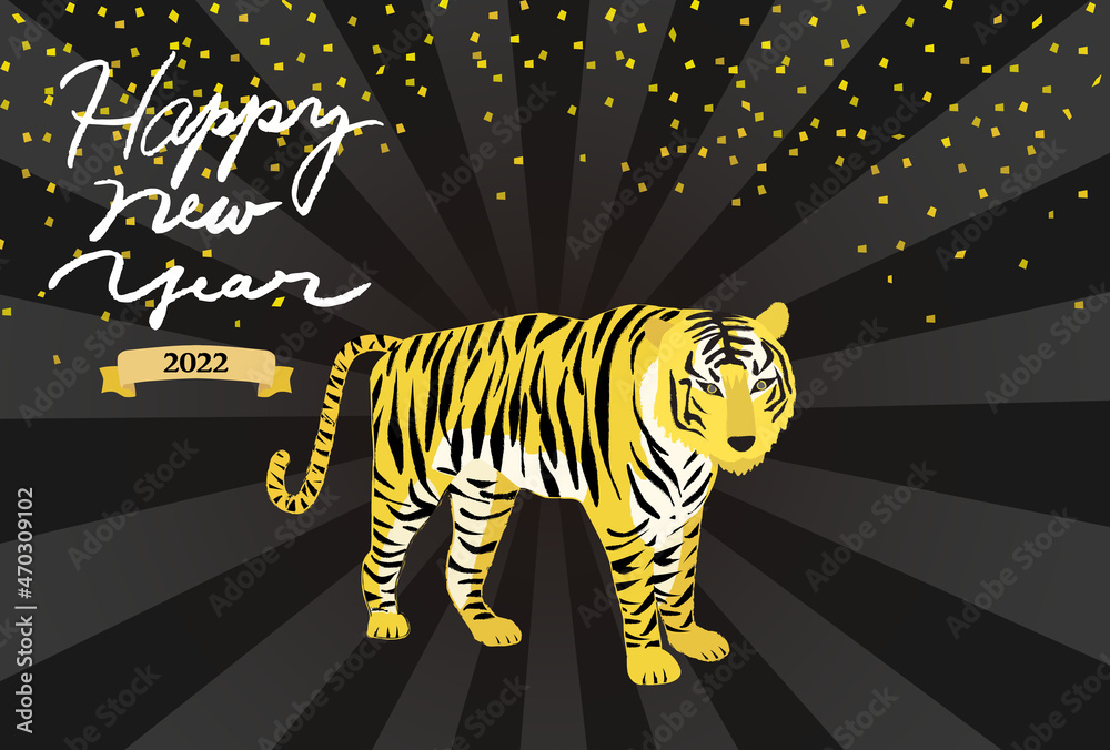 イラスト素材 年賀状22 リアルタッチな寅と黒背景と年号 横 Stock Illustration Adobe Stock