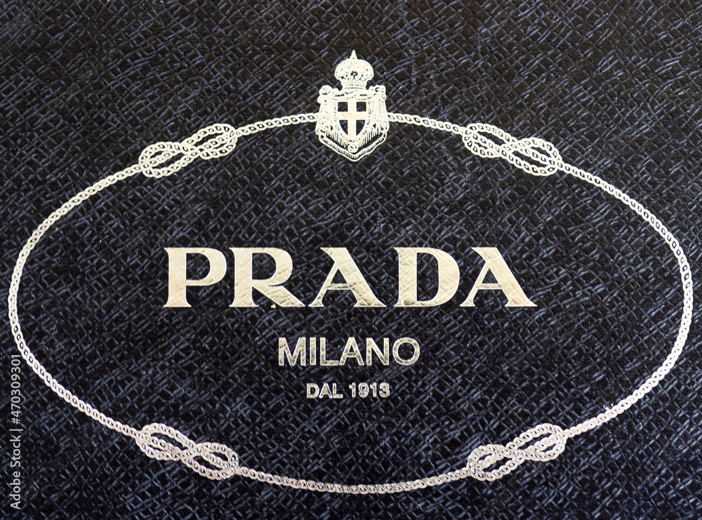 Logo Prada on black background.Prada is a fashion house founded in 1913 in  Milan, Italy Stock Photo | Adobe Stock