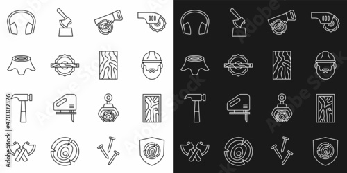 Set line Wooden logs, Closed door, Lumberjack, Hand saw and, Electric circular, Tree stump, Headphones and beam icon. Vector