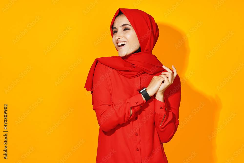 arab woman with clock in hands technology emotions isolated background arab woman with clock in hands technology emotions isolated background
