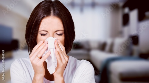 Sick, Coronavirus covid-19 young woman, have a fever, flu and use tissues paper sneezing nose,