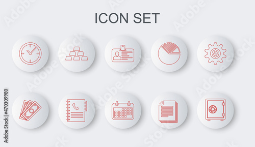 Set line Safe, Stacks paper money cash, Identification badge, Document, Clock, Gold bars, Phone book and Calendar icon. Vector