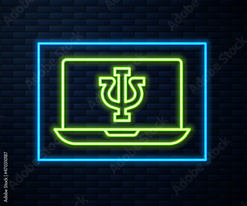 Glowing neon line Online psychological counseling distance icon isolated on brick wall background. Psychotherapy, psychological help, psychiatrist online consulting. Vector
