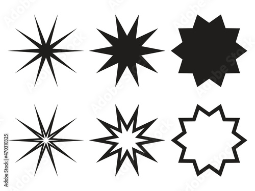 Star shapes collection. Silhouetes and outline ten pointed stars. Simple design elements set. Vector illustration isolated on white.