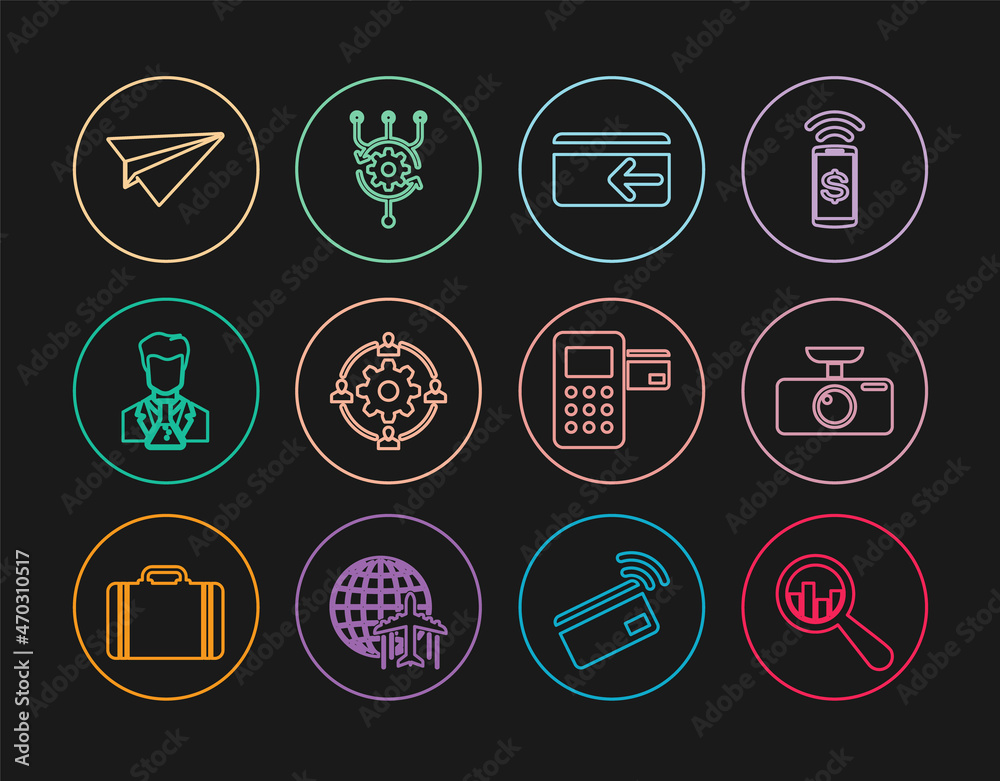 Set line Magnifying glass and analysis, Car DVR, Cash back, Outsourcing concept, Scientist test tube, Paper plane, Pos terminal and Algorithm icon. Vector Set line Magnifying glass and analysis, Car DVR, Cash back, Outsourcing concept, Scientist test tube, Paper plane, Pos terminal and Algorithm icon. Vector