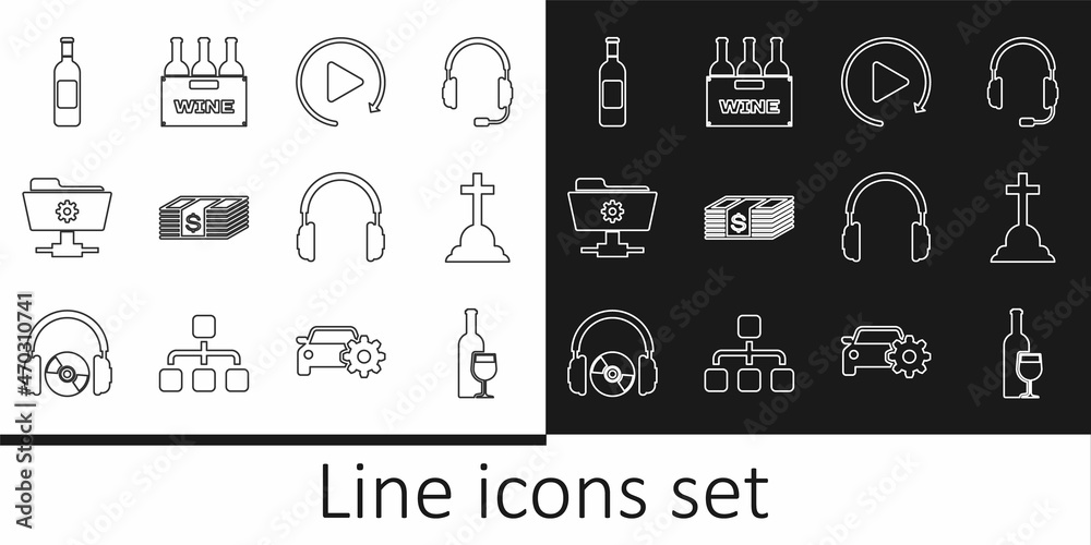 Set line Wine bottle with glass, Tombstone cross, Video play button, Paper money dollars cash, FTP settings folder, Bottle of wine, Headphones and Bottles box icon. Vector