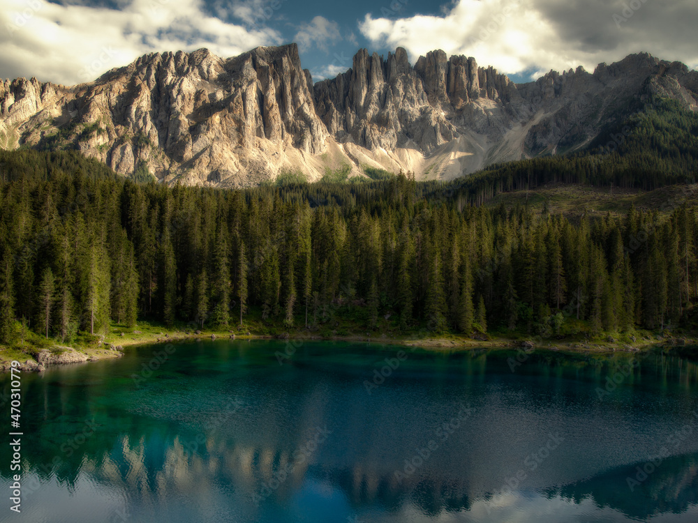 Iconic alpine lake surrounded by mountains