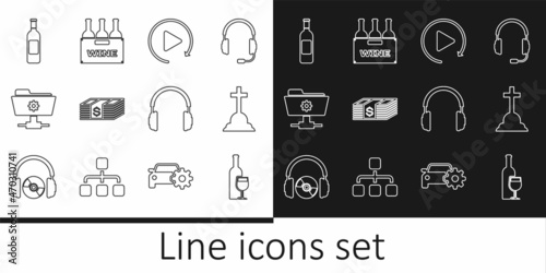 Set line Wine bottle with glass, Tombstone cross, Video play button, Paper money dollars cash, FTP settings folder, Bottle of wine, Headphones and Bottles box icon. Vector