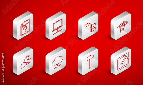 Set line Open in new window, Computer network, Folder tree, UFO abducts cow, Hammer, Unknown document, Network cloud connection and Cloud with moon and stars icon. Vector